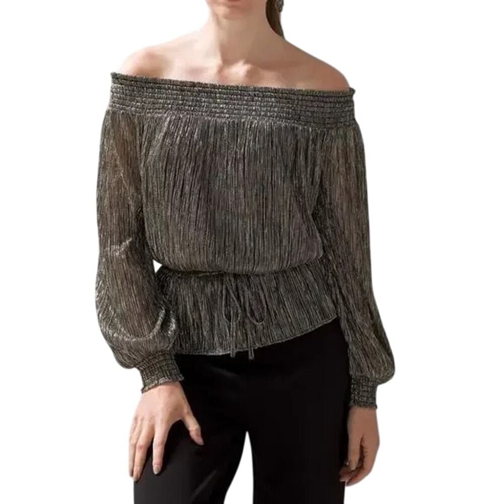 White House Black Market WHBM Long Puff Sleeve Off the Shoulder Shimmer Blouse
